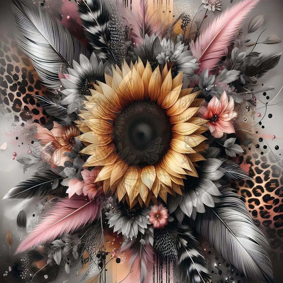5D DIY Craft Full Drill Round Diamond Painting, Diamond Painting Kits - Diamond Art Painting Kit Sunflower, Feather, Canvas - DIY Decorative Painting, Home Wall Decoration, Perfect for Halloween, Christmas, Birthday Gifts
