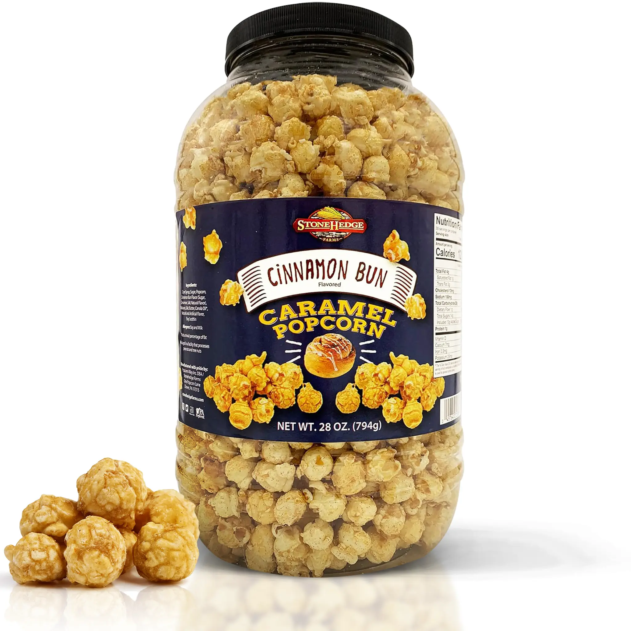 Stonehedge Farms Cinnamon Bun Flavored Popcorn | 28 oz Large Tub | Perfect for Holidays and Christmas