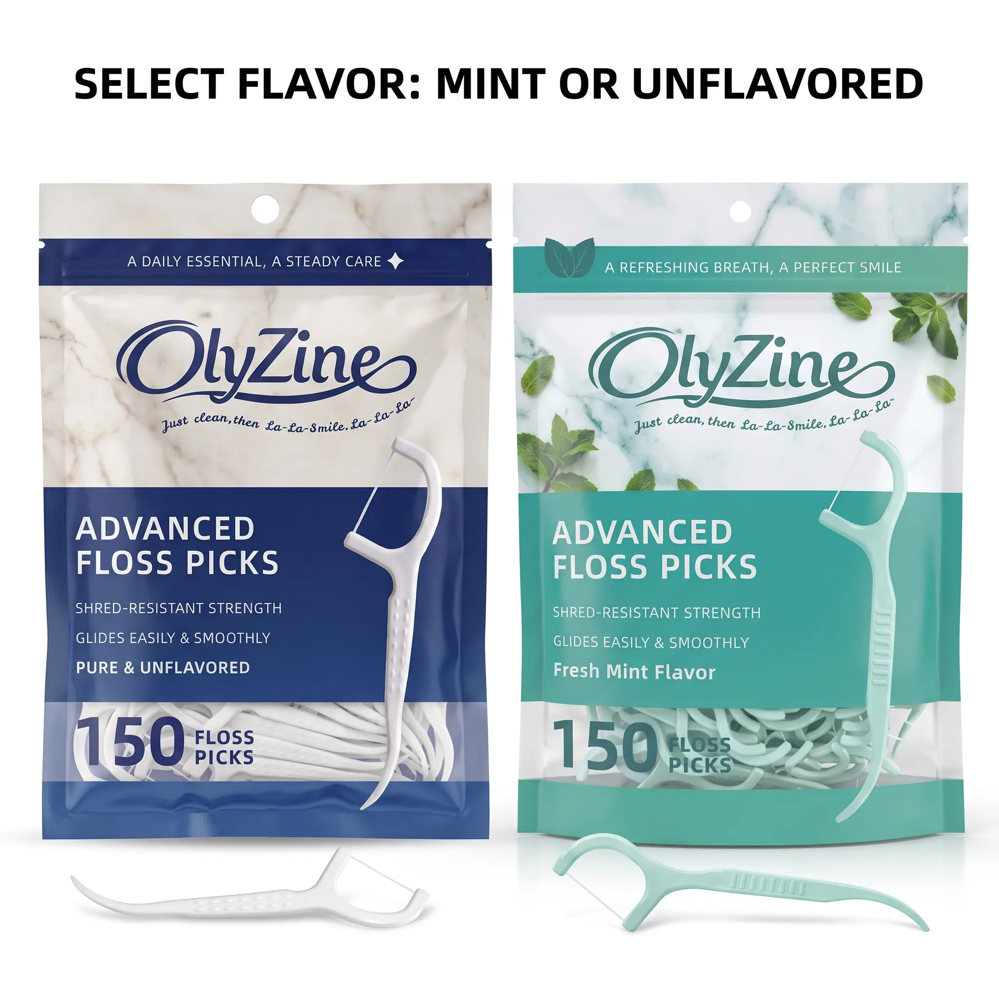 150 Count Mint Or Unflavored - OlyZine Dental Floss Picks Bag, Fresh Breath Mint For Daily Oral & Teeth Cleaning, Shred-Resistant Flosser Sticks