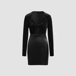 Cider [size 0-10] Velvet V-neck Solid Rhinestone Cut Out Mini Dress