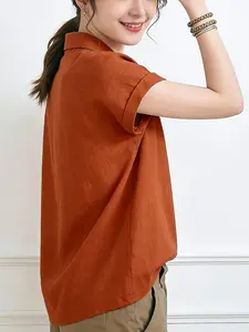 Women's Vintage Caramel Color Vacation Style V-Neck Top, Linen Feel Loose Short Sleeve Blouse Shirt, Womenswear, Half Buttoned Flap Sleeves, Commuter Casual Artistic Fit