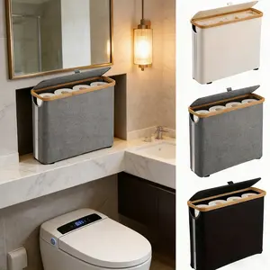 Elegant Bamboo Toilet Paper Holder: A Compact and Stylish Lidded Storage Basket with Handle, No-Installation Bathroom Supplies Rack - Suitable for Homes and Offices, Rectangular Storage Solution