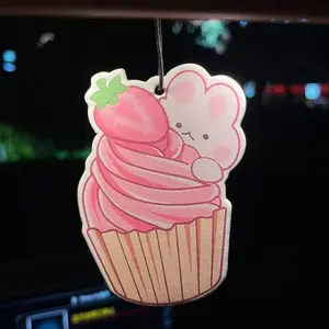 Cute Waffle Ice Cream Strawberry & Pear Scent Car Air Freshener, Dual Use Rearview Mirror & Vent Clip, Natural Aroma Diffuser Lasting 90 Days, Car Scents