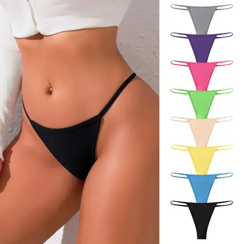 Hotcom Women's Low Waist Cheeky Thong Bikini Panties 6-Piece Boxed Set (XS-S), Assorted Solid Basics, Breathable, Skin-Friendly, Elegant, Machine Washable Spandex Daily Lingerie (Boxed/Packaged Thongs)