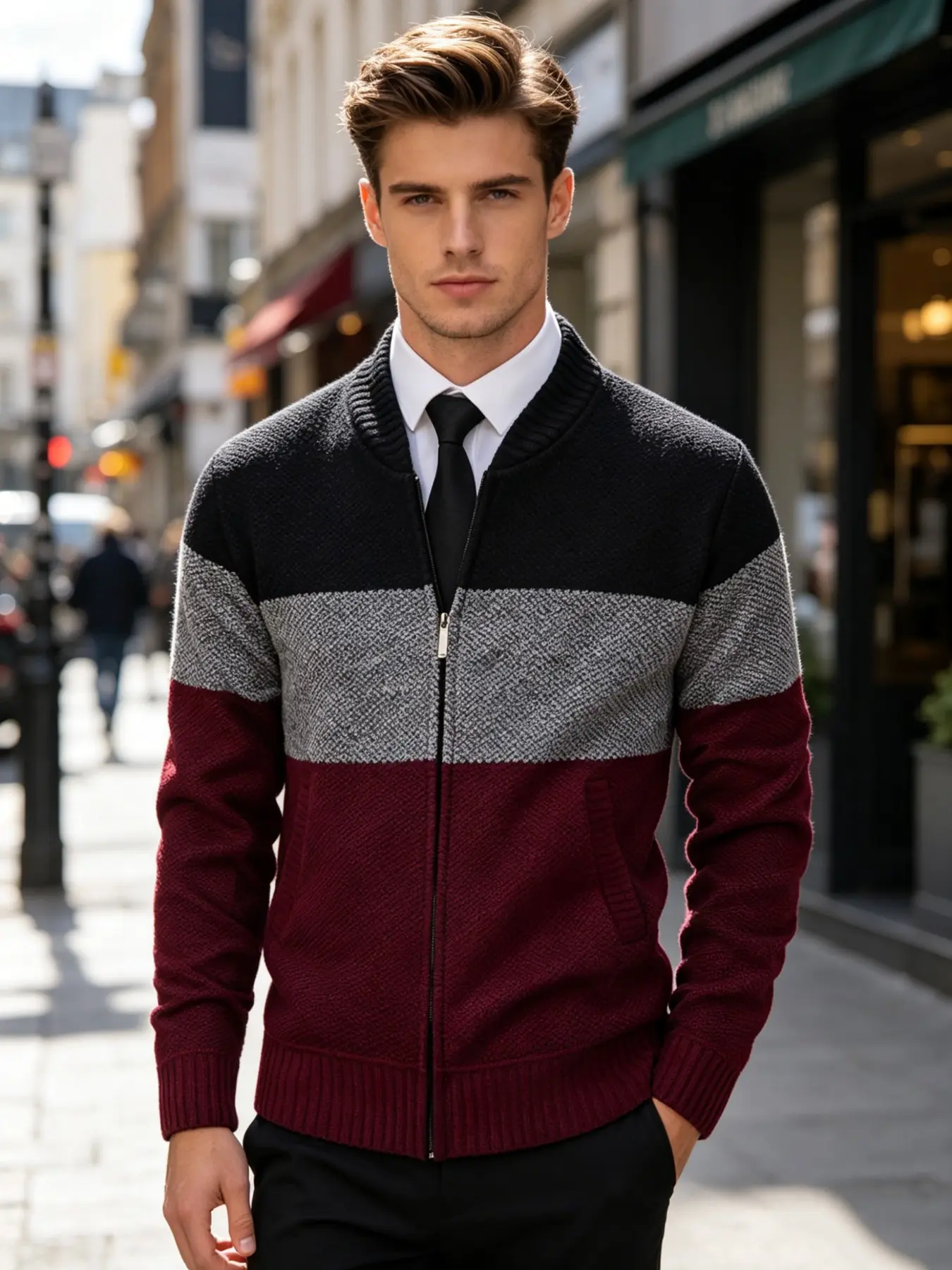 Men's Patchwork Knit Sweater, Long Sleeve Casual Pullover, Soft Warm Fabric, Side Pockets, Fall Winter Fashion, Business Leisure Wear