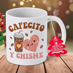 Charming Spanish Coffee Mug Featuring Heart and Coffee Bean Design Ideal for Cafecito and Chisme Enthusiasts Perfect Gift for Valentine's Day
