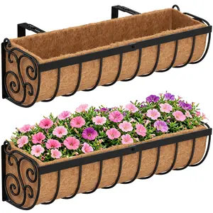 Railing Planter Boxes, 24 Inch Window Boxes Planters, Balcony Planters with Adjustable Brackets & Coco Liner & Support Rod for Outdoor Fence, Deck, Porch, and Patio Gardening, 2 Pack