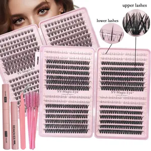 2 Box Set of 1216 / 1280 Pcs DIY False Eyelashes Makeup Kit, D Curl,(50D-60D-80D) With Bottom Lashes, Mixed Lengths 8-16mm, With Lash Bond And Seal, Remover And Brush ,Tweezers, For Self Application At Home, Perfect Gifts
