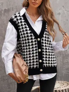 Women's Autumn Winter New Sleeveless Houndstooth Vest Knit Sweater Jacket, Loose Fit Casual Outerwear Top for Ladies