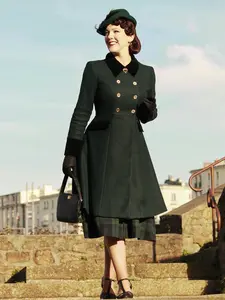 RETRO STAGE Women's 1940s Dark Green Vintage Button Trench Coat - Lady's Long-Sleeve Classic Fit Collared Knee-Length Outerwear with Functional Pockets, Winter Dry-Clean Piece