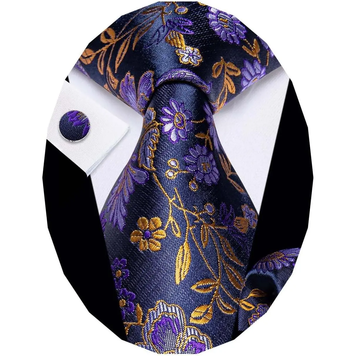 Men's Floral Paisley Tie Set, 3-Piece Jacquard Woven Silk Necktie with Pocket Square & Cufflinks for Business, Wedding, Formal Party, Floral Print Tie