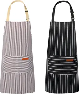 2 Pack Kitchen Aprons with 2 Pockets Unisex Adjustable Neck Strap Chef Aprons for Men Women Striped Design in Brown and Black