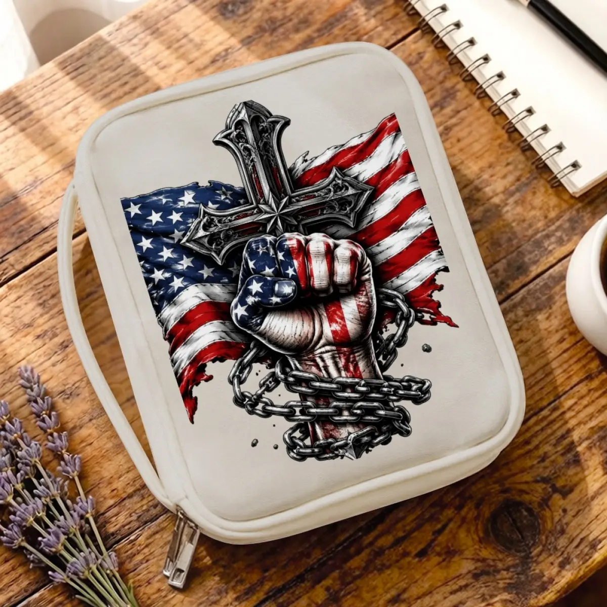 USA Flag Leather Bible Cover Case for Men, Large Capacity Design with Handle, Lightweight with Pockets, Christian Gift for Dad