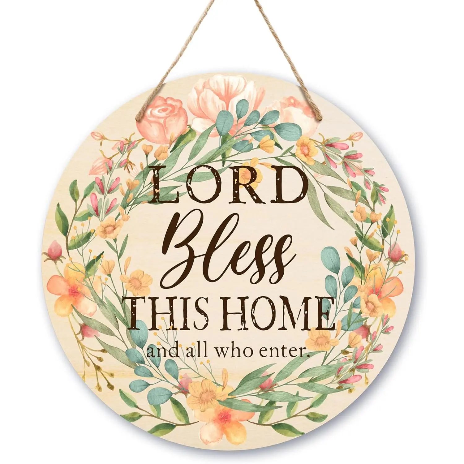Door Signs For Home, Christian Floral Wreath Wooden Door Sign Decor, Lord Bless This Home Spring Summer Sign For Round Front Door, Farmhouse Porch For Home Decor