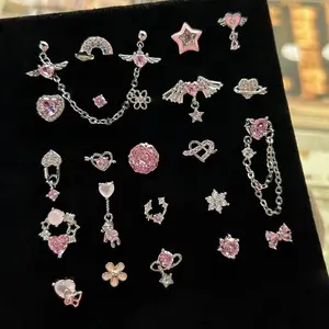 1 Pcs Pink Bowknot Shiny Ear Bone Nail 316L Stainless Steel Korean Style  Zircon Crystal Earring Women Y2K Punk Jewelry