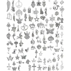 Wholesale Bulk Lots Jewelry Making Silver Charms Mixed Smooth Tibetan Silver Metal Charms Pendants DIY for Necklace Bracelet Jewelry Making and Crafting, 100 PCS