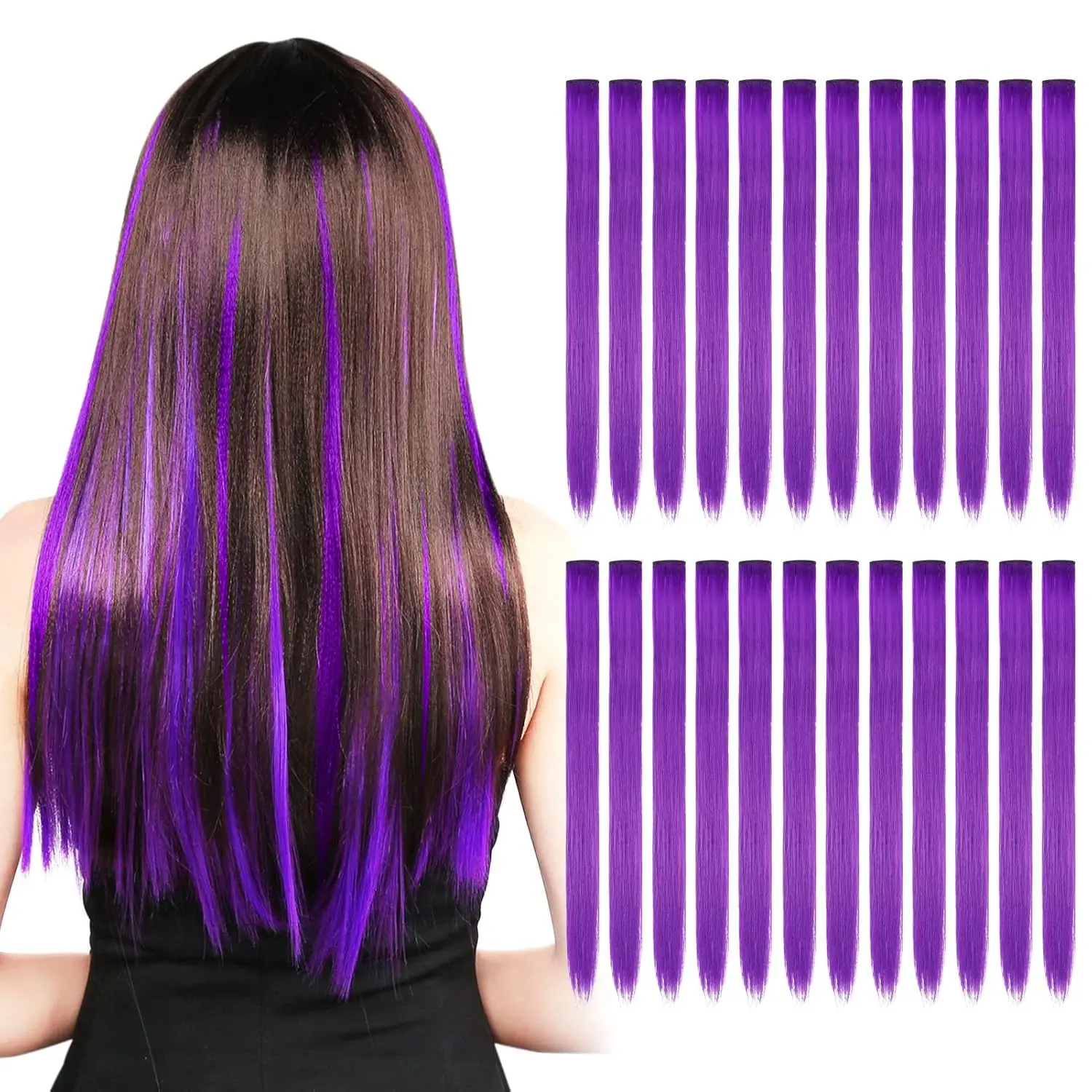 24 count Colored Clip in Hair Extensions for Girls 20Inch Rainbow Straight Synthetic Hairpieces Stocking Stuffers for Girls Party Highlights Colorful Hair Accessories Halloween Gifts for Women