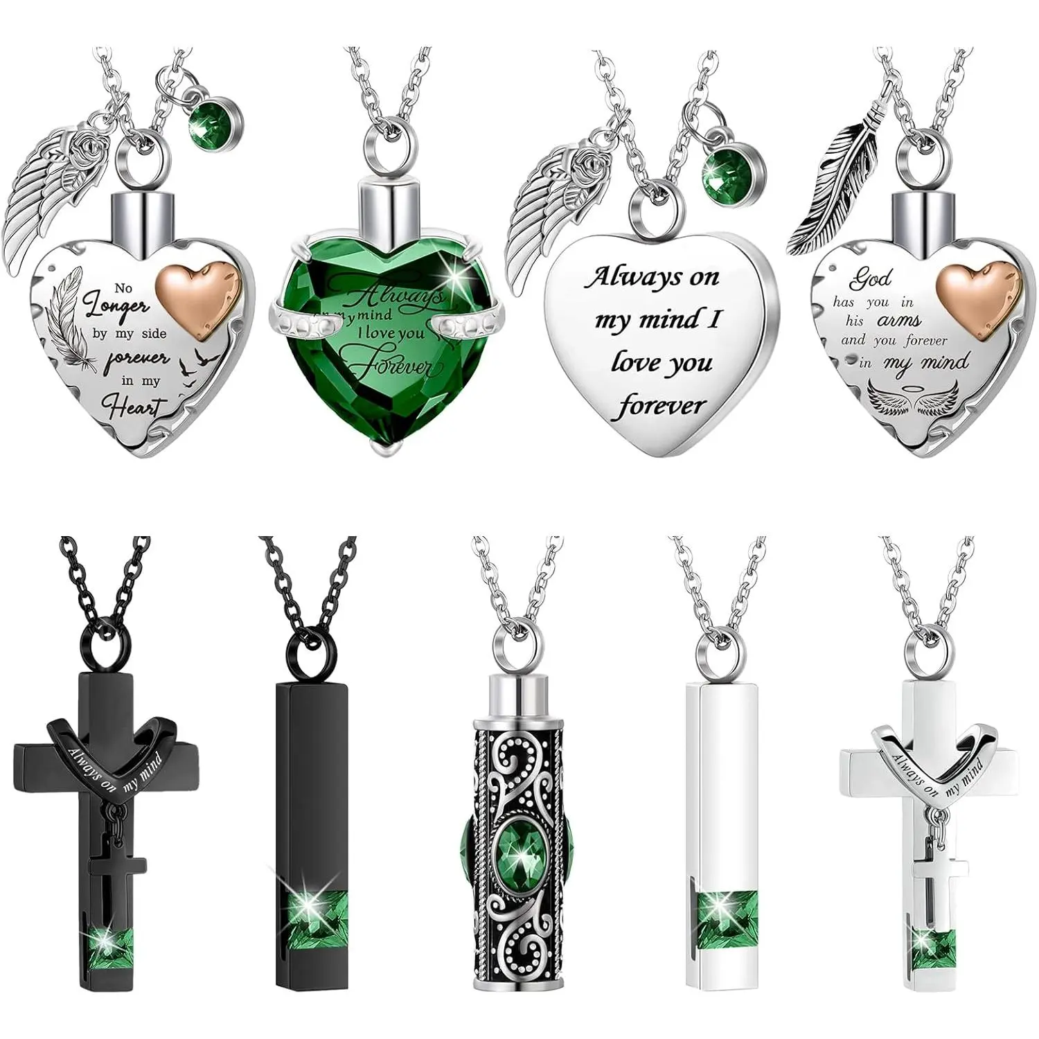 Set of 9 Unisex Urn Necklaces for Ashes, Stainless Steel Heart & Cross Crystal Memorial Pendants, Keepsake Cremation Jewelry for Loved Ones