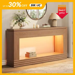 Sikaic LED Console Table - Walnut Modern Double-Tier Entryway Table, 3-Color App-Controlled Lighting, Durable Engineered Wood, Easy Assembly for Hallway, Living Room