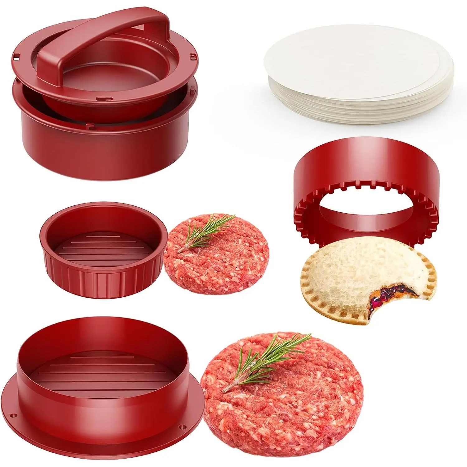 Hamburger Press, 4-in-1 Burger Press Patty Maker Slider, Stuffed Burgers Sandwich , Meat Beef Veggie Hamburger Patty Mold with 100 count Wax Disc Papers