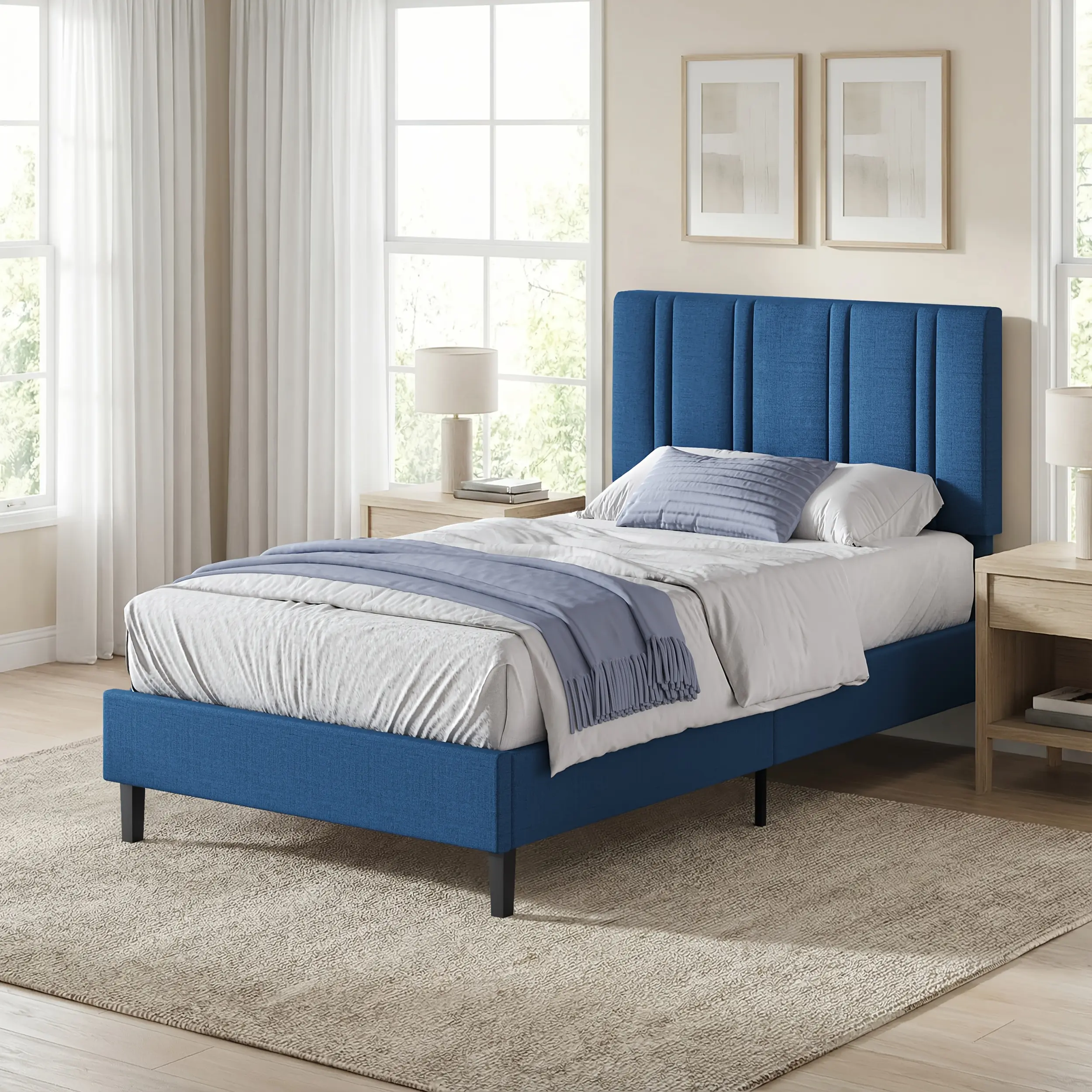 [DealsForYouDays][Summerwins] HOMBCK Twin Full Queen Bed Frame with Upholstered Headboard, Chenille Fabric Platform Bed with Strong Wooden Slats, Twin Bed Frame, No Box Spring Needed, Noise Free, Easy Assembly, White summer garden,fathers day gift ideas