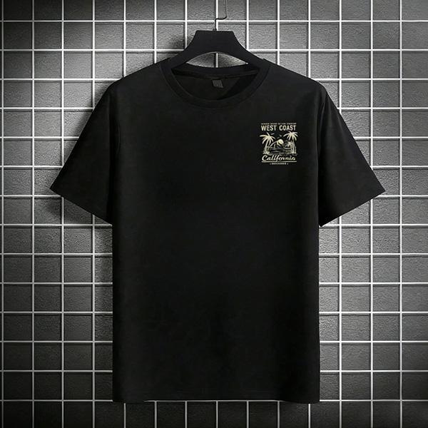 Mens Loose Fit Heavyweight Cotton T-Shirt – West Coast California Los Angeles Sunset Beach Surfer Theme Graphic Tee, Retro Palm Tree & Mountain Sea Pattern, Black & Gold Color Block Design, Beach Vacation Streetwear Shirt.