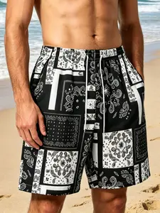 Summer Men's Paisley Print Patchwork Headscarf Style Shorts, Casual Beachwear Quick-Dry Drawstring Waist, Multiple Pockets