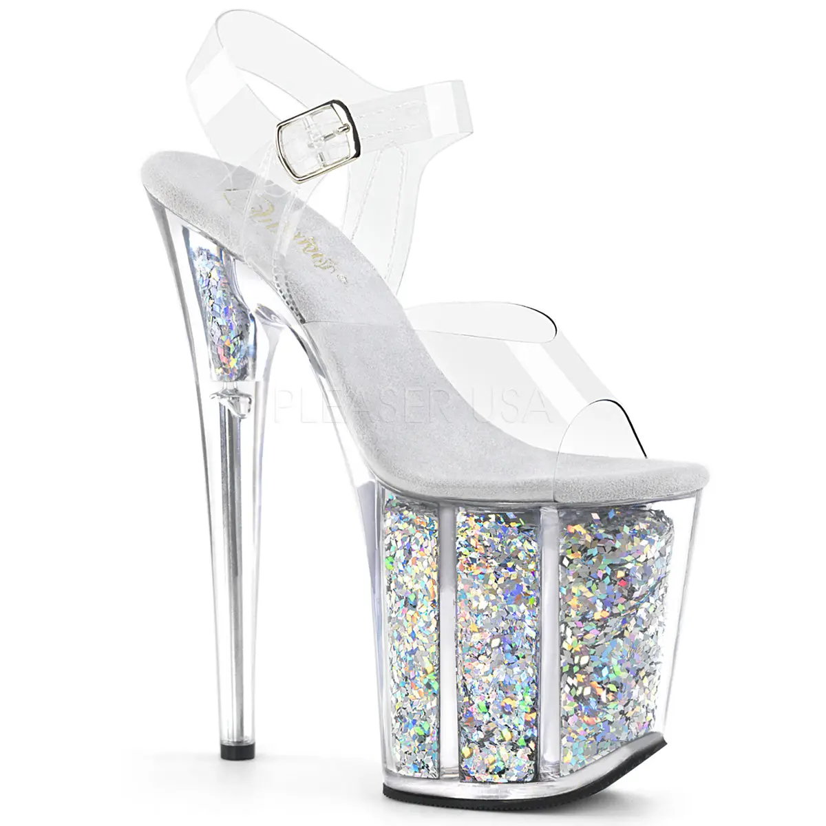8 Inch Heel FLAMINGO-808GF Clear Silver Glitter