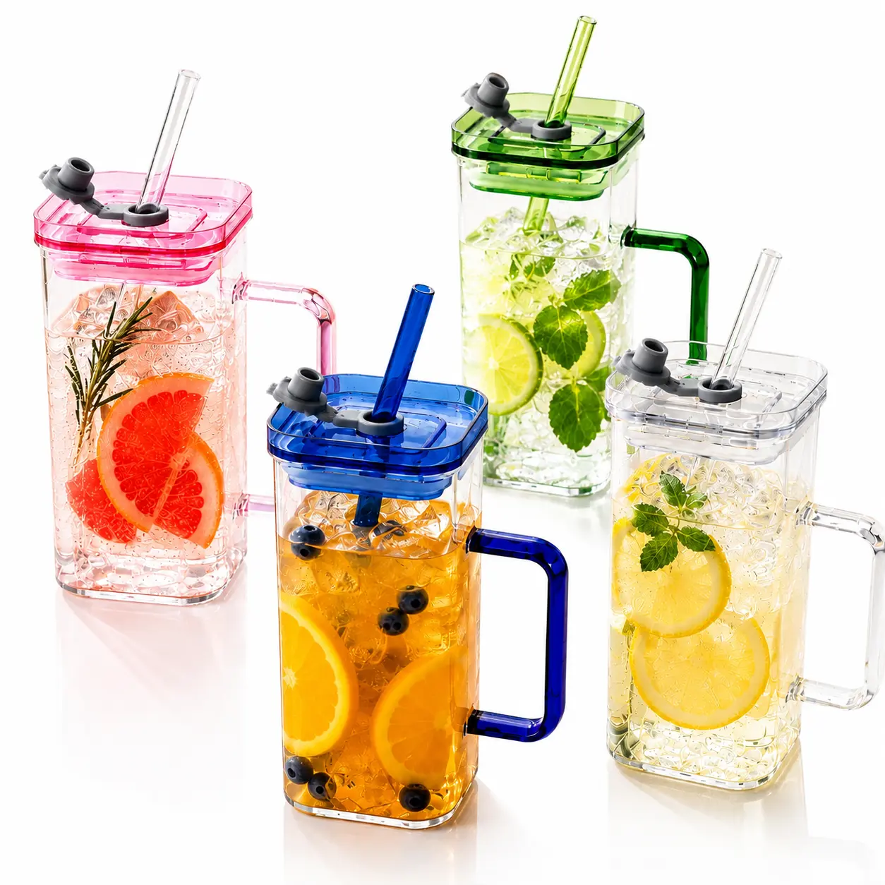 24oz Reusable Colored Glass Tumbler with Straw & Lid, Square Drinking Glass for Iced Coffee, Water, Tea & Juice, Portable Glass Cup, Smoothies & Cold Drinks