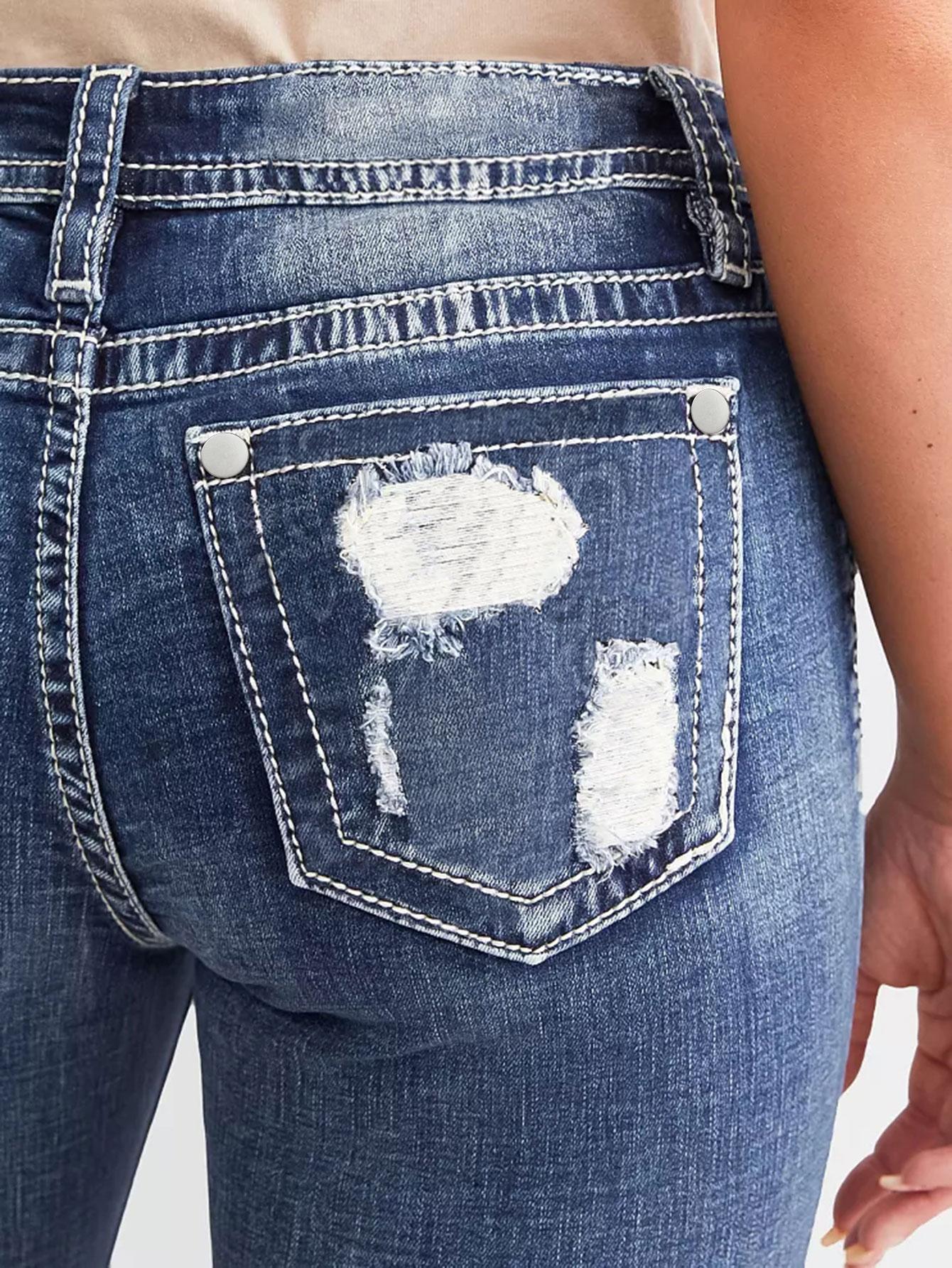 Women Skinny Denim Shorts Back Embroidery Ripped Frayed Raw Hem Distressed Casual
