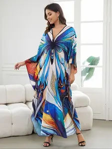 Women's All Over Print V Neck Cover Up Dress, Casual Swimwear Cover Up Dress for Beach Holiday Vacation, Ladies Clothes for All Seasons, Swimsuit Cover Ups