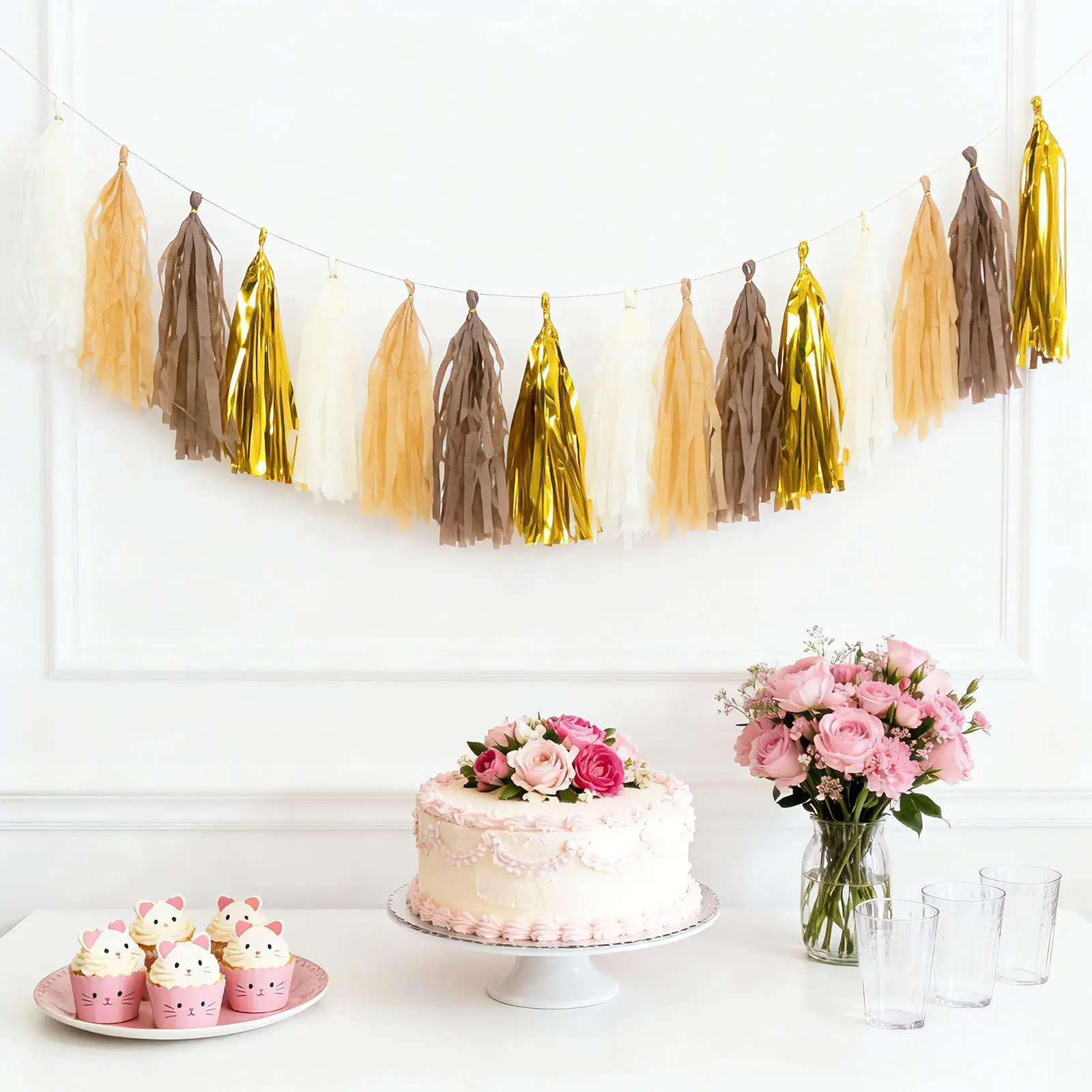 16-Pack Pre-Tied Foil Tassel Garland Banner, Hangable Party Decor with Natural & Gold Paper Tassels, Pre-Tied String, 10ft Length for Indoor Ceiling Hanging, Baby Shower & Birthday Events