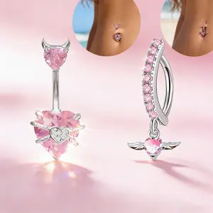 Belly Button Rings with Pink Crystal Devil Heart Angel Wing Design,14G Floating Navel Belly Piercing Kit Belly Piercing Jewelry Perfect Gifts or Women