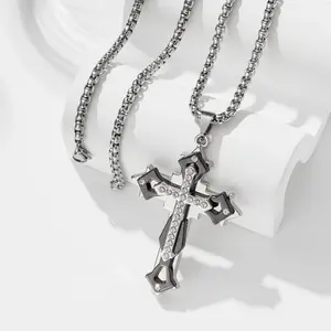 AuraNova Stainless Steel Cross Pendant Necklace With Cubic Zirconia 23.6 Inch Meaningful Christian Cross Necklace Jewelry for Men & Women
