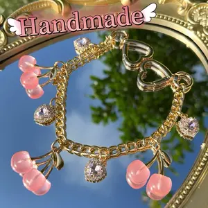 Cherry & Rhinestone Heart Bag Chain Handmade Glam