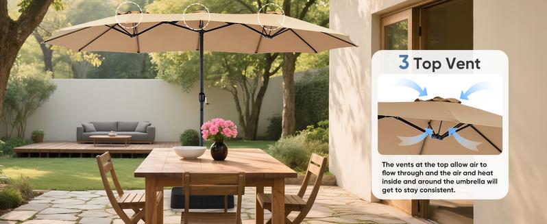 15ft Large Patio Umbrella with Base Included, Rectangle Table Umbrella Outdoor Patio, Outside Umbrellas for Deck, Market, Backyard, Khaki