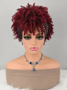 Women's Wavy Hair Wig with Fringe, Wine Color Curly Hairband Style, Synthetic African Curl Hairpiece for Daily Wear, Afro, Synthetic Curly Wigs