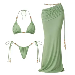 Green Beaded 3-Piece Bikini Set with Mesh Cover Up Skirt | Majesty Me