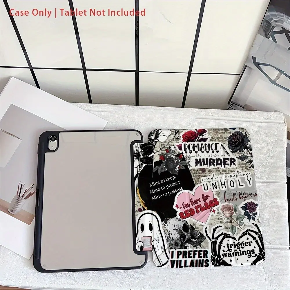 Gothic Patchwork Sticker iPad Case, Tablet Cover, Tablet Protective Cover, Casing, Tablet Accessories, Fits iPad 10/9/8/7/6 Gen, Air 5/4, Pro 11 Inch (2022/2021/2020), Anti-Villain Design, Gift for Book Lovers