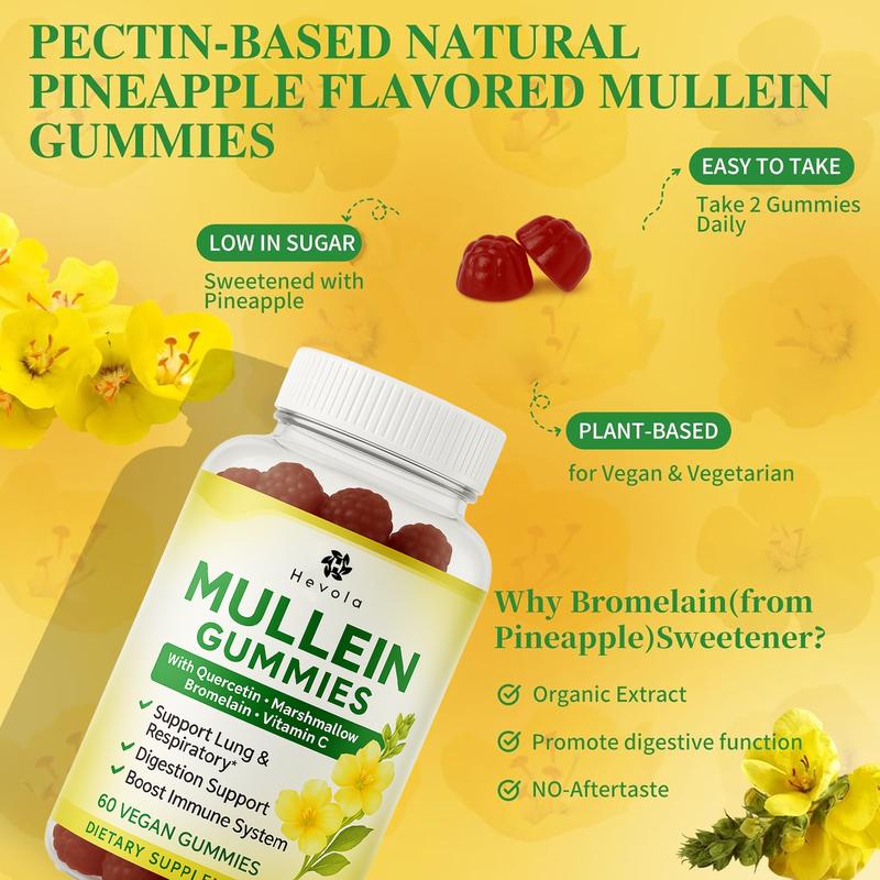 9 in 1 Mullein Gummies for Lung Cleanse & Lymphatic Drainage*, Extra Strength Mullein Leaf Extract w/Quercetin, Bromelain, Elderberry & Marshmallow for Respiratory & Immunity,Vegan