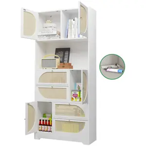 71" Tall Kitchen Pantry Cabinet with Charging Station,Food Pantry Cabinet with 4 Rattan Doors and 4 Storage Drawer,Kitchen Hutch with Countertop for Kitchen,Dining Room, Living Room (White)