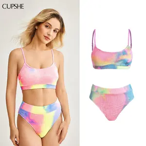 CUPSHE 【Valentine's Day】 Women's Bikini Set Two Piece Swimsuits Stylish Beachwear High Waisted Scoop Neck Spaghetti Adjustable Straps Textured Swimwear(XS-XXL) Bathing Suits