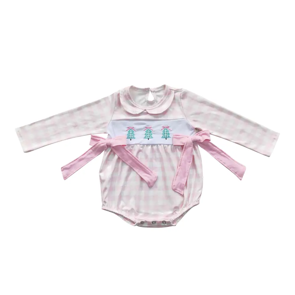 Adorable Baby Girl Christmas Onesies! Embroidered Tree + Checkered Pink Bow Long Sleeve - Perfect Holiday Outfit for Tiny Cuties