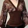 Women's Vintage Style V Neck Flounce Long Sleeve Tee, Patchwork Print T-Shirt for Fall, Casual Fashion Clothing, Classy Top