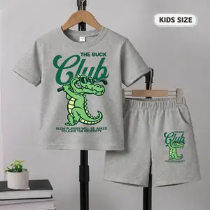 Boys' Street Style Cartoon Crocodile Graphic Print Short Sleeve T-Shirt and Shorts Set, Casual Kids Summer Outfit, Comfortable Crew Neck Two-Piece Set for Daily Wear, Outdoor Activities and Play