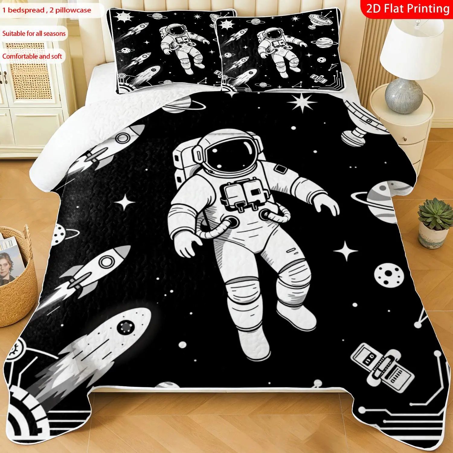 3 pcs, 2D flat print Astronaut Space Theme bed cover set, multiple sizes available, bedding set, festive decorative bedding, ideal for bedroom décor(1 bedspread , 2 pillowcase)