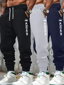 Men's 3-piece set of ribbed jogger pants, regular fit, casual sports style, solid color basic lounge pants with an elastic waistband, drawstring, and pockets, perfect for outdoor activities, commuting, streetwear, suitable for spring, summer, autumn, and