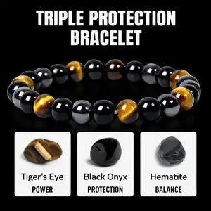 Triple Protection Bracelet for Nature Tiger Eye Hematite Black Onyx Triple Bracelets with Unique Bead Design