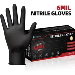 PROMEDIX P 6Mil Heavy Duty Black Nitrile Gloves, 100 Count Disposable Gloves, Latex Free & Powder Free, Food Safe for Cleaning, Kitchen, BBQ, Tattoo, Hair Dyeing, Pet Grooming, Beauty Salons, Industrial Grade Professional Grade Chemical Resistant Gloves