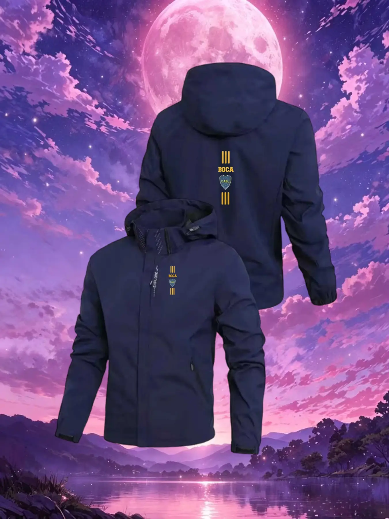 Boca Club Emblem Print Jacket, Loose-Fit Hooded Outdoor Parka, Unisex Fashion Gear, Geometric Pattern, All-Season Wear